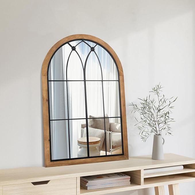 Farmhouse Wooden Arched Mirror, Decorative Arch Mirror Wall Decor, Rustic Window Pane Mirrors, Wood Framed Wall Mirrors for Entryway, Living Room