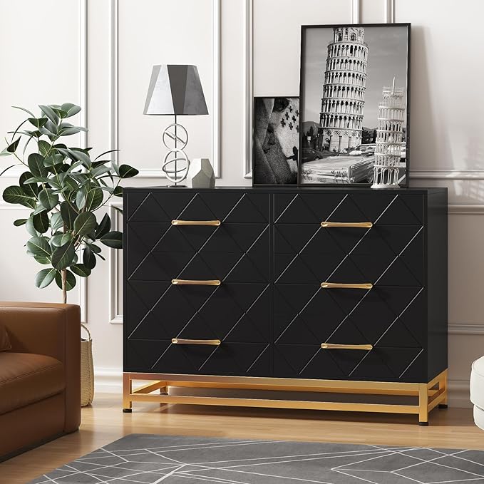 GarveeHome Black Dresser for Bedroom with 6 Drawers, Wood Chest of Drawers, TV Stand, Morden Dresser for Closet, Living Room, Hallway, Nursery