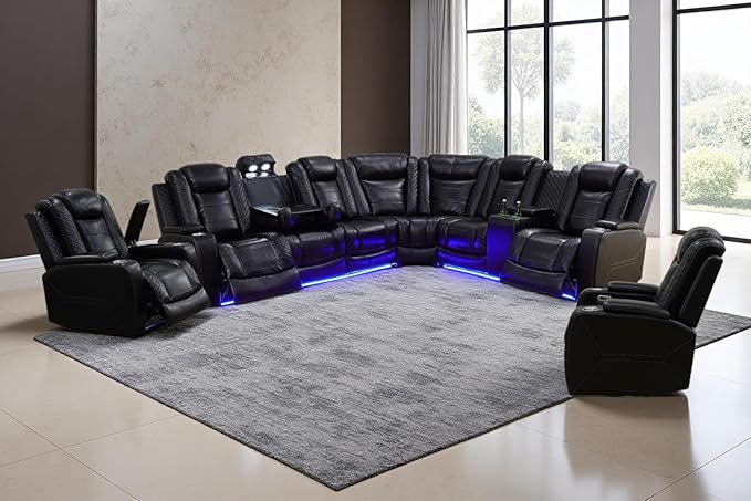 A Ainehome Living Room Furniture Power Recliner Sectional Sofa Set, Power Reclining Sectional Couch, Adjustable Sofa, Loveseat and Chair with USB Chargers/Storage Console for Living Room(B-Black)