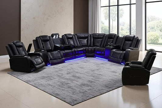 A Ainehome Living Room Furniture Power Recliner Sectional Sofa Set, Power Reclining Sectional Couch, Adjustable Sofa, Loveseat and Chair with USB Chargers/Storage Console for Living Room(B-Black)