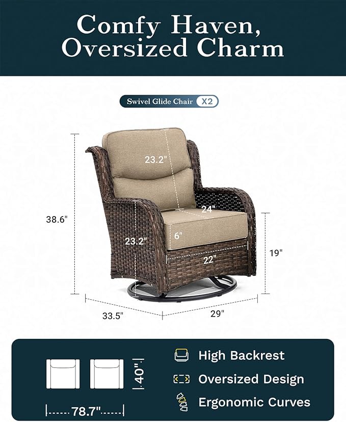 High Back Outdoor Furniture with Extra Thick Cushion Patio Swivel Rocking Chairs, 2PCS Oversized Comfort Wicker Conversation Set for Porch, Deck, Yard in Beige