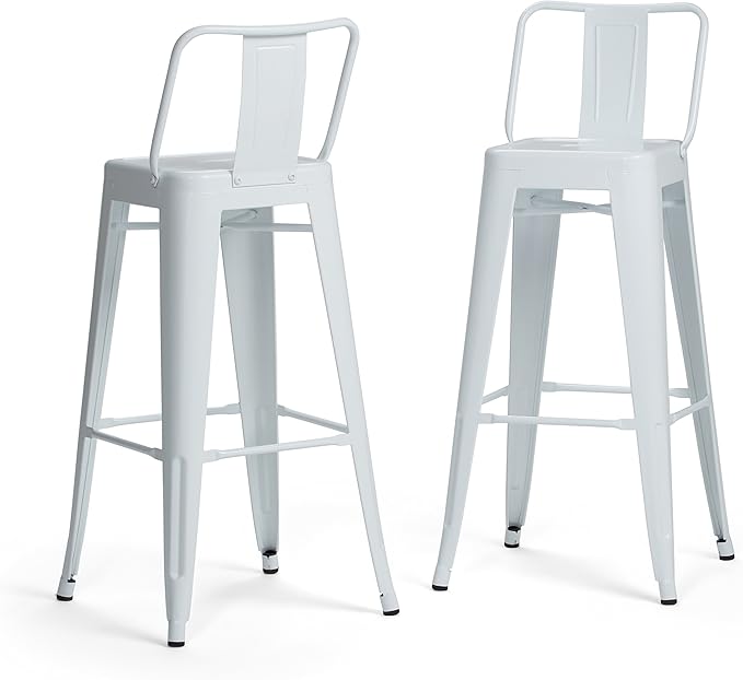 SIMPLIHOME Rayne Bar Stools (Set of 2) - 30 inch Seat Height Industrial Metal Chairs in White, Contemporary Seating for Kitchen or Bar with Curved Back, Under-Seat Cross Brace, and Footrest
