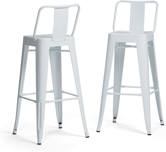 SIMPLIHOME Rayne Bar Stools (Set of 2) - 30 inch Seat Height Industrial Metal Chairs in White, Contemporary Seating for Kitchen or Bar with Curved Back, Under-Seat Cross Brace, and Footrest