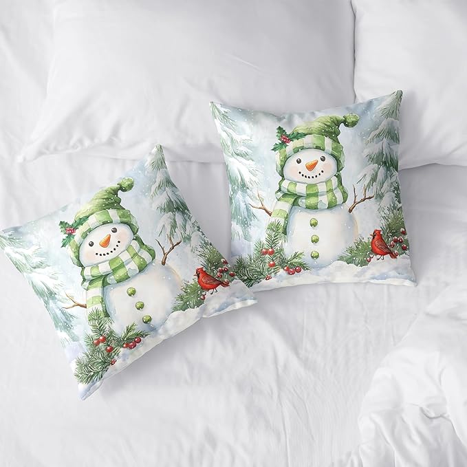 Set of 2 Winter Pillow Covers 20x20 Green Snowman Pine Tree Holly Berry Cardinal Bird Throw Pillow Covers Holiday Pillow Case for Home Decor Couch Sofa