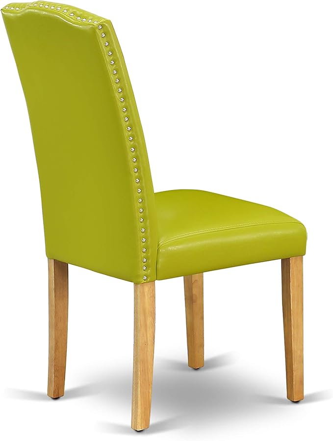 East West Furniture ENP4T51 Encinal Parsons Dining Chairs - Nailhead Trim Autumn Green Faux Leather Upholstered Chairs, Set of 2, Oak