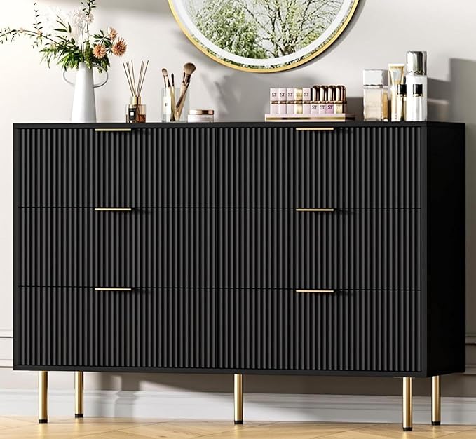 GAOMON 6 Drawer Dresser for Bedroom Chest of Drawers, 47" Wide Fluted Dresser with Drawers, Modern Wooden Double Dressers with Metal Handles for Living Room, Hallway