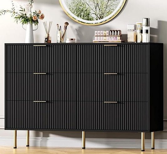 GAOMON 6 Drawer Dresser for Bedroom Chest of Drawers, 47" Wide Fluted Dresser with Drawers, Modern Wooden Double Dressers with Metal Handles for Living Room, Hallway