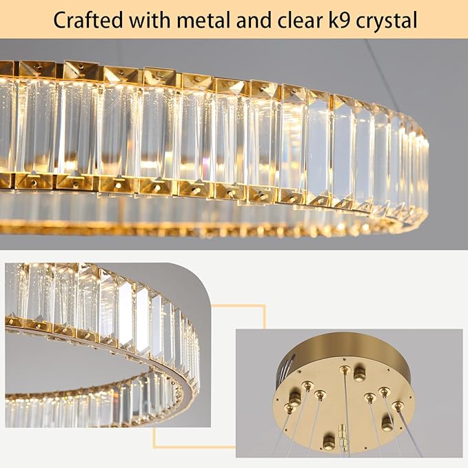 16‘’+24‘’+32'' Modern Ring Chandelier Crystal Chandeliers for Dining Room Round LED Dimmable Ceiling Light Fixture for Living Room Bedroom Lighting Gold