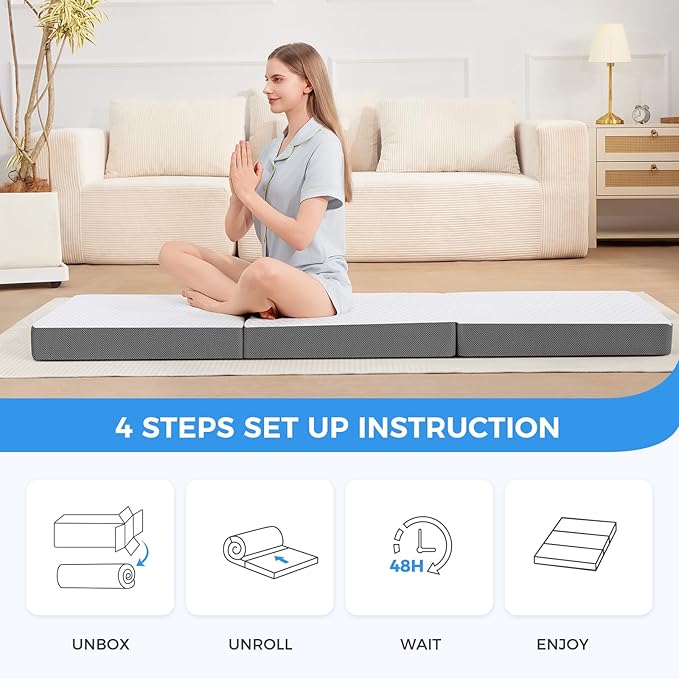 MASVIS Trifold Mattress, 4 Inch Memory Foam Foldable Mattress with Washable Cover, Tri-Folding Floor Bed for Camping, Twin XL