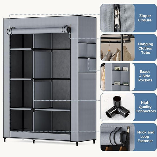 DUMOS Portable Wardrobe Closet with Cover, Freestanding Portable Garment Rack, Portable Closet Wardrobe for Clothes Storage, Clothes Organizer for Bedroom, Dorm, Apartment, Gray.