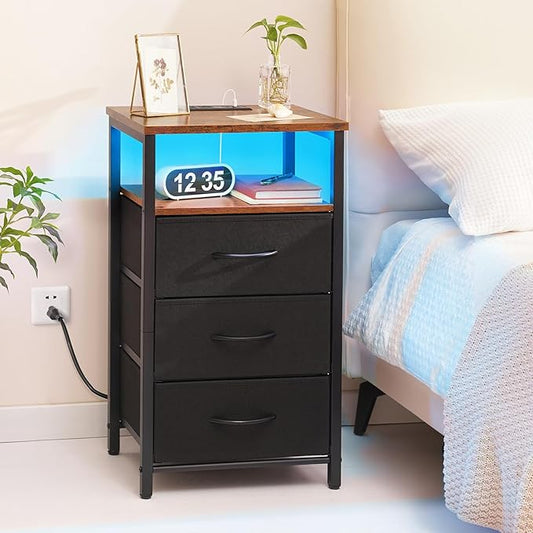 Yoobure Night Stand with Charging Station, 3 Fabric Drawers Nightstand, Bedside Tables with Storage Shelf, End Table with 16 Colors LED, Small Dresser for Small Space