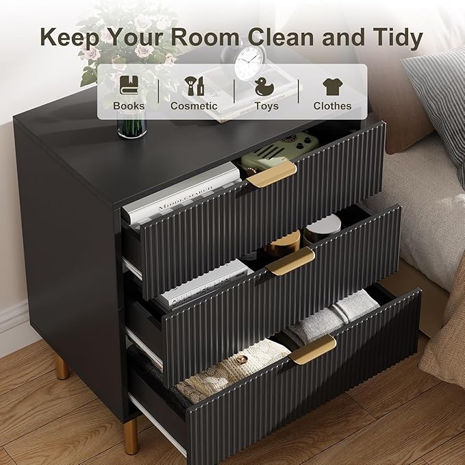 IDEALHOUSE Black Dresser, Modern 3 Drawer Dresser for Bedroom with Gold Handle and Large Drawer, Wood Double Chest of Drawers and Storage Organizer for Living Room, Hallway, Entryway