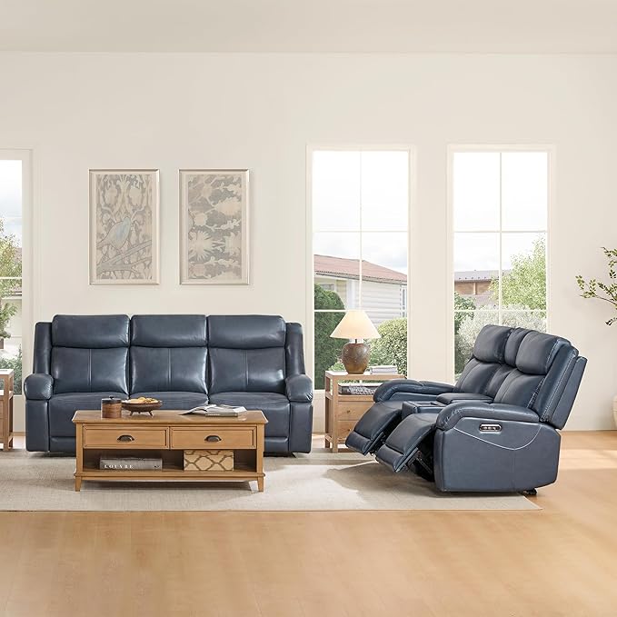 Watson & Whitely Genuine Leather Power Recliner Sofa, 3 Seater Wall Hugger Reclining Sofas with Power Headrest, USB & TypeC Ports, Electric Recliner Couch Set for Living Room, Navy