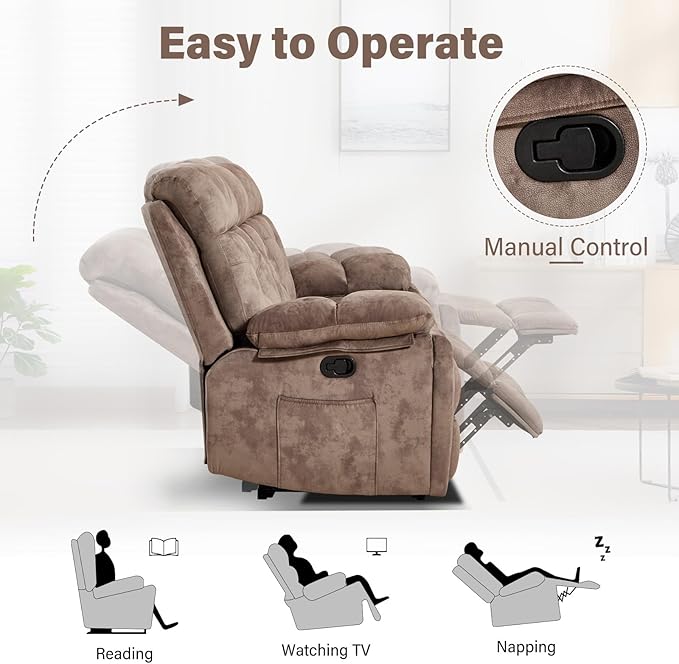 EBELLO Reclining Sofa for Living Room, Extra Wide Modern Overstuffed 3 Seat Recliner Manual Sofa with Hidden Armrest Cup Holders, Soft Breathable Fabric and Padded Seat, Brown