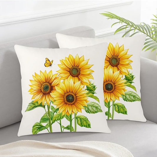 Sunflower Throw Pillow Covers 18x18 Set of 2 Watercolor Yellow Floral Decorative Pillow Cases Summer Outdoor Farmhouse Throw Pillows for Home Couch Sofa Porch Living Room