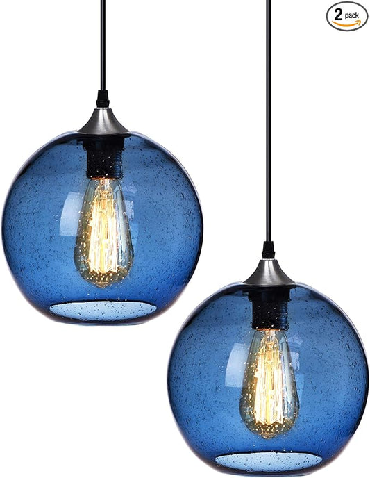 ARIAMOTION Pendant Lights Kitchen Island Blue Glass Lighting Modern Globe Ceiling Hanging Fixtures Seeded Bubble Bedside 8.7 Inch Diam 2-Pack Brushed Nickel