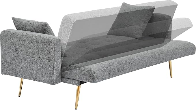 Eafurn Teddy Fleece Folding Sleeper Sofa Bed Convertible Futon Loveseat Couch with 3 Adjustable Backrest, Tufted Recliner Lounge Sofabed Daybed with Golden Metal Legs for Living Room Apartment