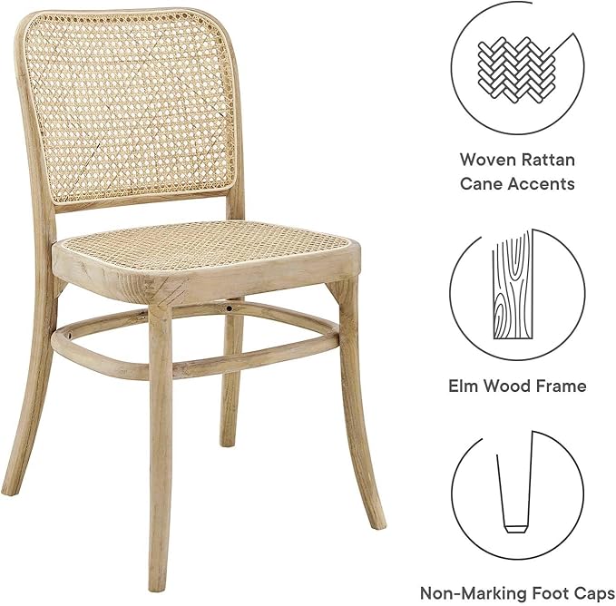 Modway Winona Elm Wood Cane Rattan Seat, Dining Side Chair, Gray