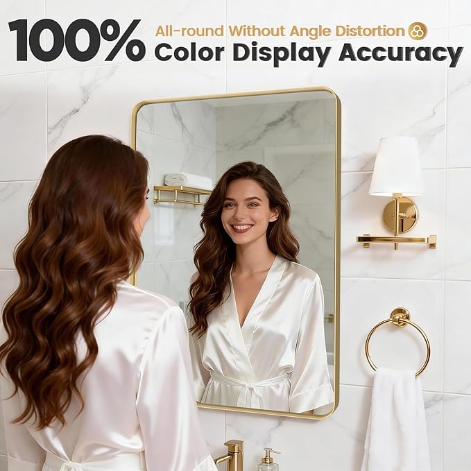 30"X36" Large Gold Metal Framed Bathroom Mirror for Wall, Large Mirrors for Spacious Rooms,Gold Rounded Rectangle Mirror, Brushed Gold Bathroom Vanity Mirror Farmhouse, Anti-Rust, Tempered Glass