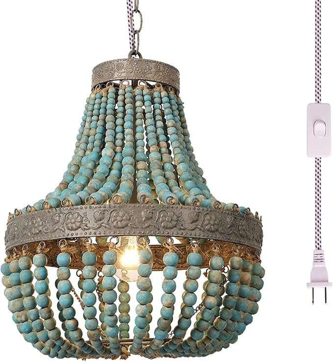 Newrays Wood Bead Chandelier Pendant Bohemian Boho Beachy Ceiling Lamp Light Fixtures (Gray Blue-Small Plug in, 13.58 in*15.74 in)