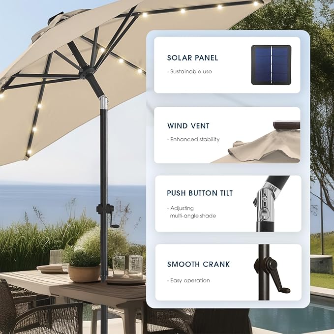 wikiwiki 10FT Solar Led Patio Umbrella with Base Included, 32 LED Lights, 8 Sturdy Ribs, Fade Resistant Waterproof POLYESTER DTY Canopy for Garden, Lawn, Deck, Backyard & Pool, Beige