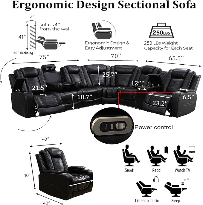 Power Reclining Sectional Sofa Set with LED, Living Room Furniture Sets, Leather Recliner Couch for Living Room/Home Theater, Sectional Couch and Chair with 4 Recliners, USB Port/Hide-Away Storage