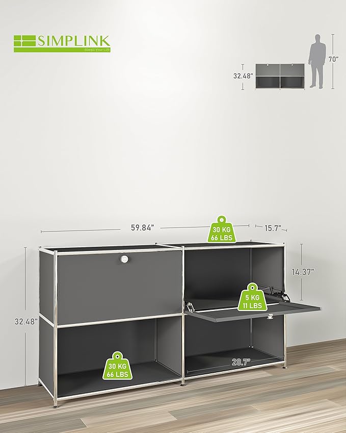 Metal Sideboard with 2 Flap Doors, DIY Modern Home Furnishing,Perfect for Home, Office, Kitchen, Hallway,Foyer Organization(Grey)