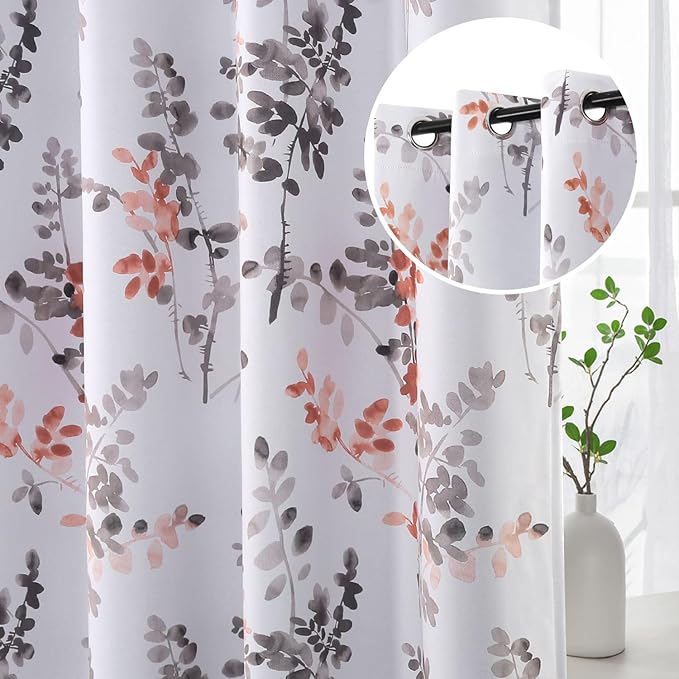 H.VERSAILTEX Blackout Floral Curtains for Living Room Thermal Insulated Room Darkening Grommet Curtains for Bedroom, Set of 2 Panels (52 x 84 Inch, Vintage Classical Floral Printing Grey and Coral)
