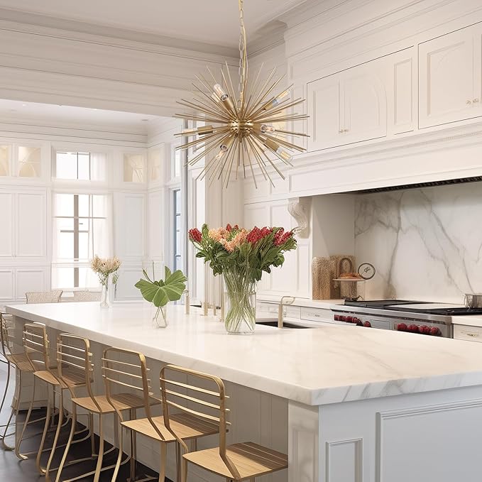 Modern 20in Gold Sputnik Chandelier 9-Lights Mid-Century Starburst Chandelier Solid Metal Firework Satellite Urchin Light Fixture Over Table for Foyer Dining Room Kitchen Bedroom Living Room