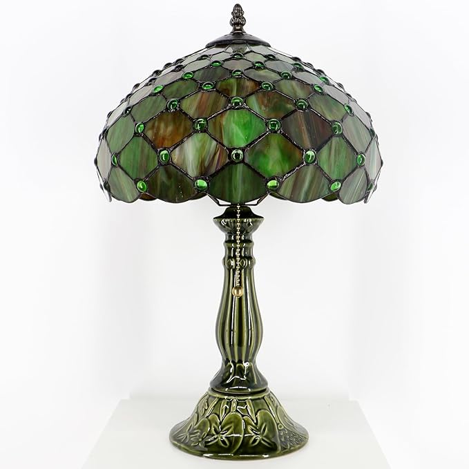 Tiffany Lamp Stained Glass Table Lamps Brownish Green Pearl Style Desk Lamp 12X12X18.5 Inch Bronze Ceramic Base Reading Light Suitable for Bedside Bedroom Living Room Dining Room Office