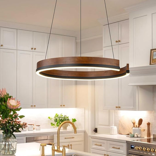 Modern Wood Chandelier, 24" Dimmable Round LED Chandelier Farmhouse Walnut Color Dining Room Light Fixtures for Entryway Kitchen Foyer