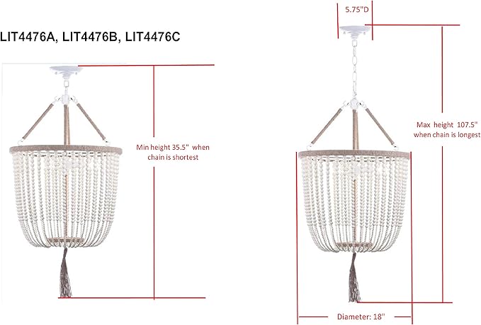 SAFAVIEH Lighting Collection – Angie Boho Farmhouse Cream 3-Light Beaded Adjustable Hanging Pendant Chandelier with Tassel, LED Bulbs Included (LIT4476A)