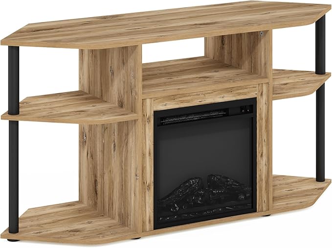 Furinno Jensen Fireplace TV Stand, Corner Entertainment Center, TV Console for TV up to 55 Inch with Fireplace, Plastic Poles and Open Storage, for Living Room, Bedroom, Flagstaff Oak