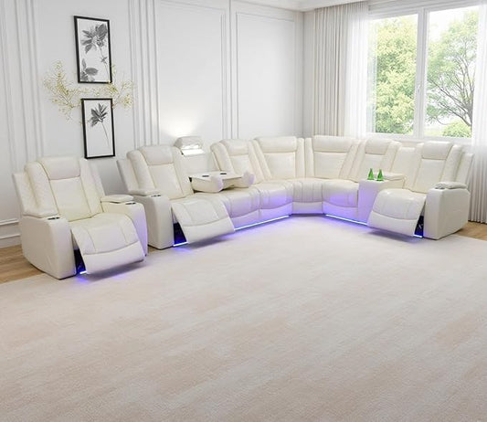 Power Recliner Sofa Sectional Couches with LED Light,Leather Reclining Corner Sectional Sofa Set with 3 Recliner Seats,Cup Holders,Storage Console for Living Room,Creamy