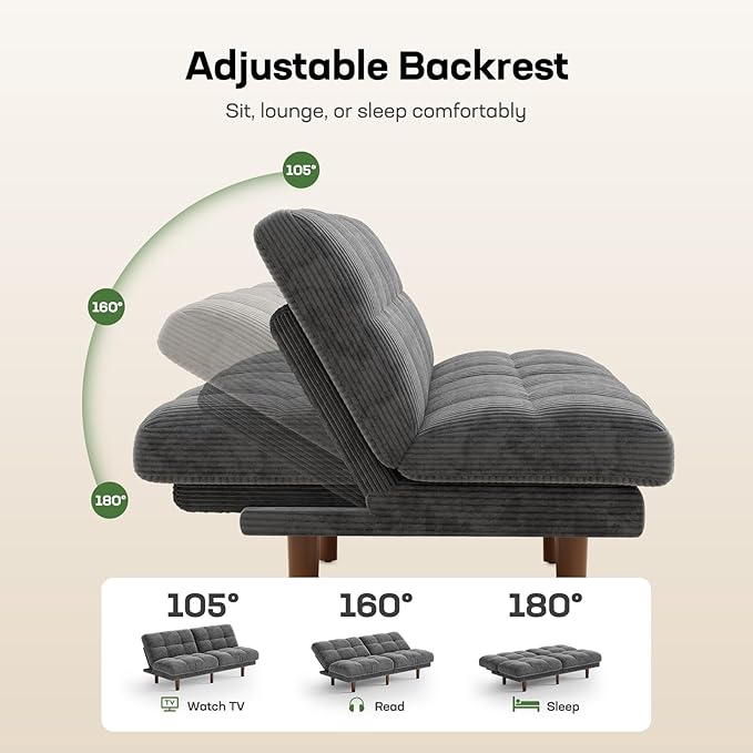 Marsail 65" Futon Sofa Bed, Convertible Small Recliner Sleeper Sofa Bed with Adjustable Backrest, Corduroy Loveseat Futon Couch for Small Apartments, Living Room Office, Guest Room (Grey)
