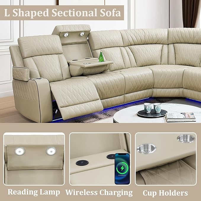 Power Reclining Sectional Sofa Set with LED Lights, Vegan Leather Recliner Sectional Couch for Living Room Furniture,Wireless Charging/USB Charging/Reading Lamp/Armrest Storage,Beige