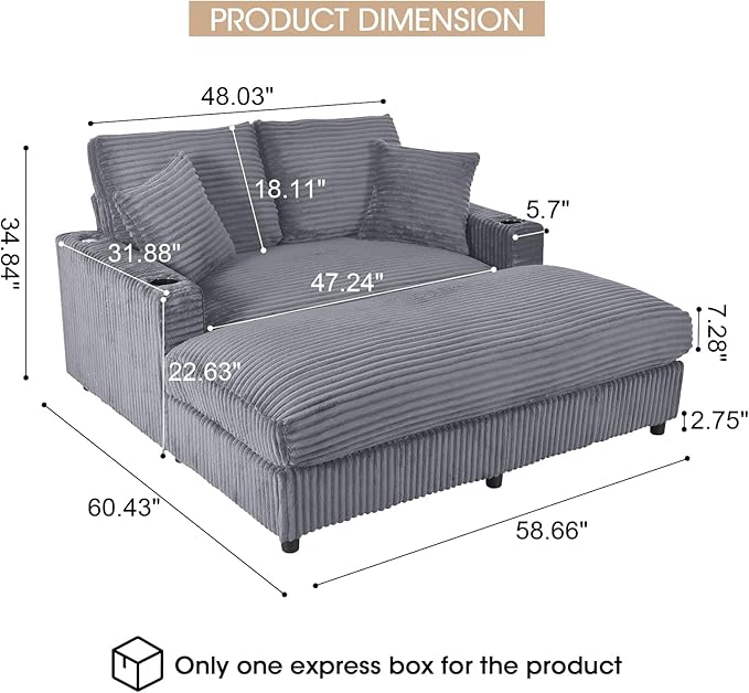 Eafurn 64" Oversized Chaise Lounge Chair Indoor, Plush Corduroy Upholstered Sofa Bed with Pillows & 2 Cup Holders, Extra Wide Deep Seat Sleeper Couch Recliner Chair for Living Room | Removable Cushions, Wooden Frame, Solid Legs