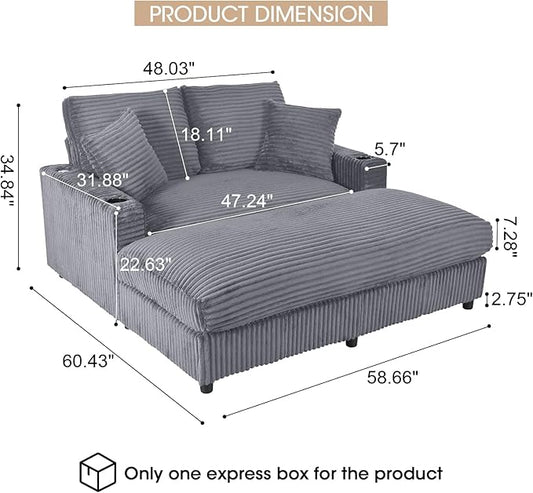 Eafurn 64" Oversized Chaise Lounge Chair Indoor, Plush Corduroy Upholstered Sofa Bed with Pillows & 2 Cup Holders, Extra Wide Deep Seat Sleeper Couch Recliner Chair for Living Room | Removable Cushions, Wooden Frame, Solid Legs
