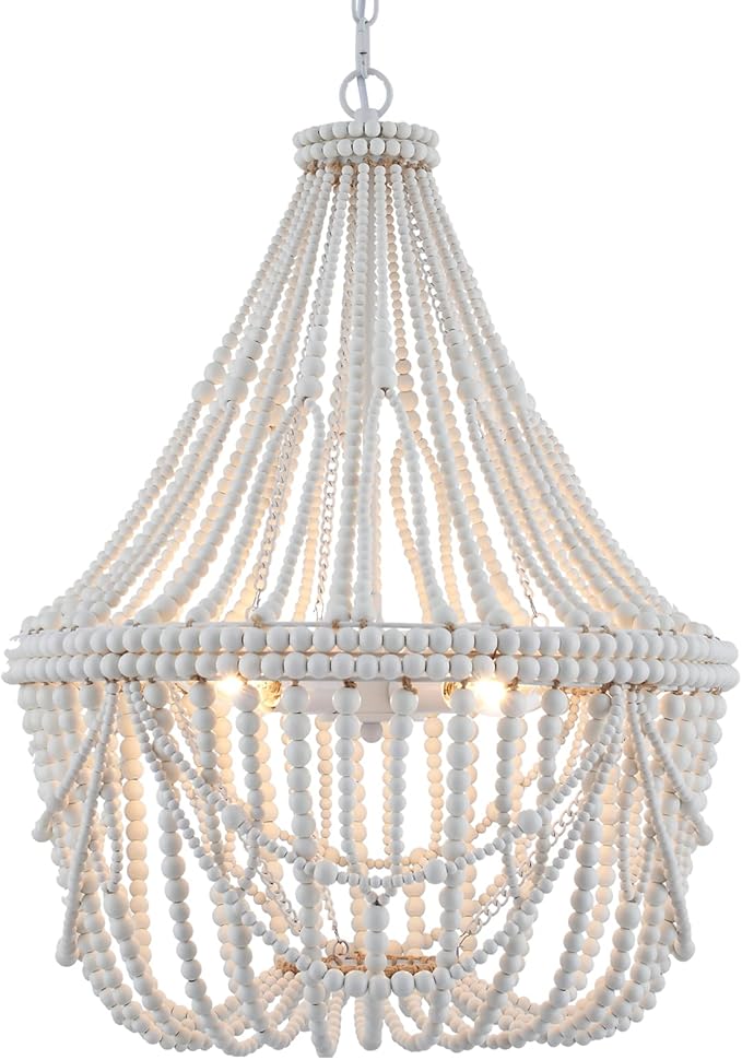 20” Bohemia Large Wood Beaded Chandelier Coastal French Country Chandelier Farmhouse Antique Pendant Light for Living Room Kitchen Island Dining Bedroom, Distressed White, UL Listed