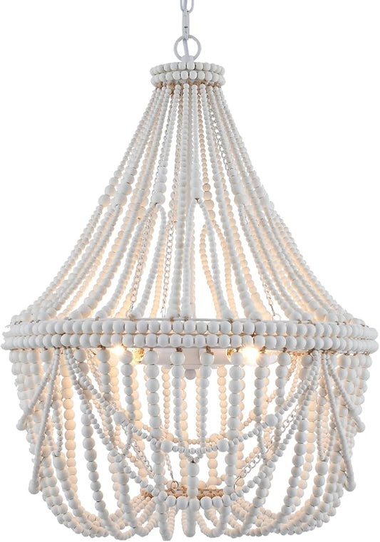 20” Bohemia Large Wood Beaded Chandelier Coastal French Country Chandelier Farmhouse Antique Pendant Light for Living Room Kitchen Island Dining Bedroom, Distressed White, UL Listed
