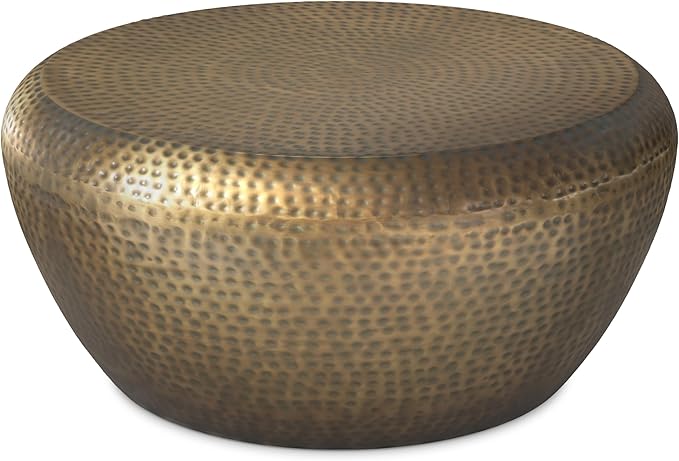 SIMPLIHOME Preston Drum Coffee Table - 36 inch Wide Iron Round Metal Table in Antique Gold, Modern Industrial Living Room Centerpiece with Hand-Hammered Texture and Sculptural Design, Assembled