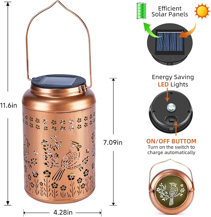 2Pack Cardinal Solar Lanterns Outdoor Waterproof Garden Decor Gifts for Women Mom Grandma Hanging Solar Lights Metal Decorative Lantern for Yard, Patio, Lawn, Pathway, Landscape