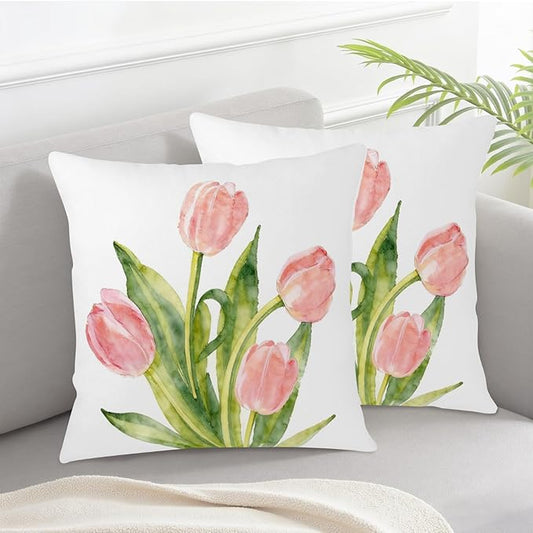 Spring Floral Pillow Covers 18x18 Set of 2 Pink Tulip Throw Pillow Covers Summer Flower Farmhouse Decorative Throw Pillows for Home Couch Sofa Bed Decor