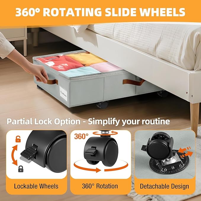 4 Pack Under Bed Storage– 30.5×17×5.5 Inch, Underbed Storage with Wheels Sturdy Sidewalls/Bottom, Clear Cover, Label and PU Handle, Rolling Under Bed Drawers for Clothes, Shoes, Toys, Blankets,Grey