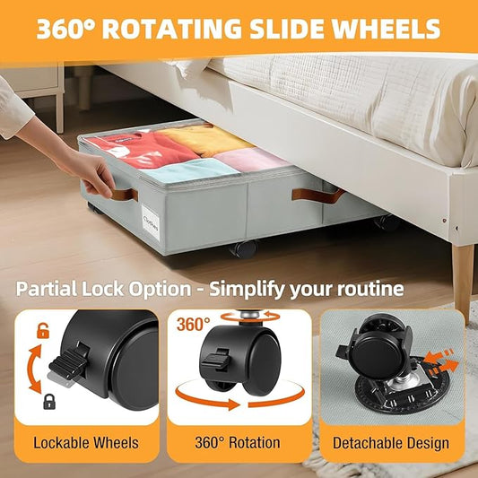 4 Pack Under Bed Storage– 30.5×17×5.5 Inch, Underbed Storage with Wheels Sturdy Sidewalls/Bottom, Clear Cover, Label and PU Handle, Rolling Under Bed Drawers for Clothes, Shoes, Toys, Blankets,Grey