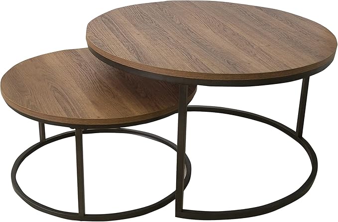 Nathan James Stella Round Modern Nesting Coffee (Set of 2), Stacking Living Room Accent Tables with Tabletops and Matte Metal Frame, Reclaimed Oak/Gunmetal
