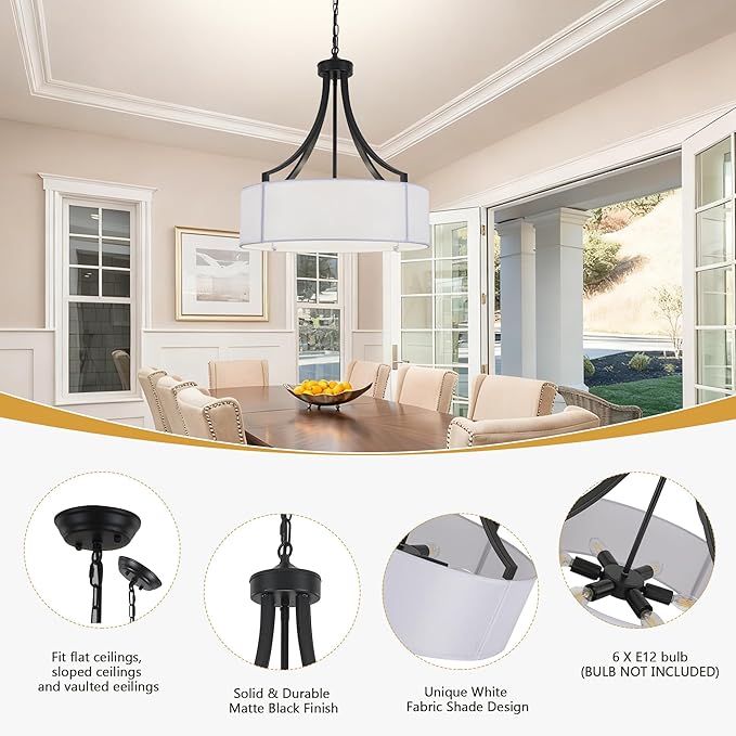 20" Modern Black Farmhouse Drum Chandeliers for Dining Room, 6-Light Rustic Drum Pendant Light with White Fabric Shade, Hanging Light Fixture for Living Room Bedroom Foyer Kitchen Island Entryway