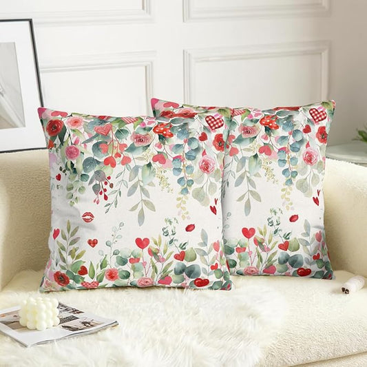 Valentines Day Floral Throw Pillow Covers 18x18 Inch Set of 2 Red Pink Roses Hearts Pillowcases Valentines Eucalyptus Leaves Decorative Cushion Covers for Home Sofa Bed