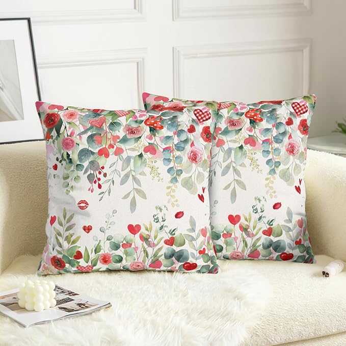 Valentines Day Floral Throw Pillow Covers 22x22 Inch Set of 2 Red Pink Roses Hearts Pillowcases Valentines Eucalyptus Leaves Decorative Cushion Covers for Home Sofa Bed