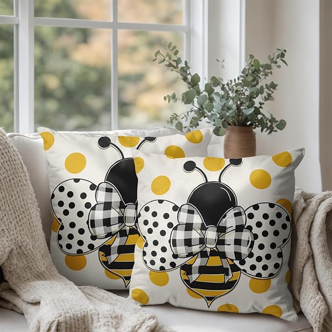 Summer Bumblebee Throw Pillow Covers 16x16 Set of 2 Polka Dot Bee Decorative Pillow Cases Yellow Honeybee Outdoor Farmhouse Cushion Cover for Home Couch Sofa Decor